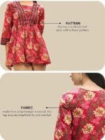 Floral Printed Cotton Blend Kurti, Square Neck, 3/4 Sleeve, Regular Fit, Waist Length, Green - Image 3