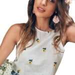 Women's 100% Cotton Relaxed Fit Solid Flower Embroidery Semi-Sheer Tank Crop Top
