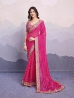 Georgette Pink Geometric Pattern Printed Embroidery Saree with Unstitched Blouse (E6253_1) - Elegant and Intricate Embroidery - Image 4