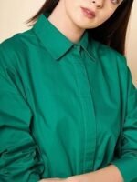 Women's oversized solid cotton green casual shirt - Image 3