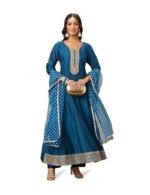 Women's Embroidered & Printed Rayon Kurta & Viscose Pant with blue Dupatta Set - Image 2