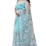 Women Modern Soft Net Embroidery Striped Pattern Floral Elegant Stylish saree with unstitched blouse piece (6164)