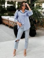 Women's Striped Pattern Button Down Full Sleeves Blue Shirt - Image 4