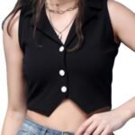 Casual Solid V-Neck Sleeveless Button Closure Waistcoat Regular Fit Crop Top for Women - Stylish Western Summer Wear