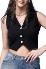 Casual Solid V-Neck Sleeveless Button Closure Waistcoat Regular Fit Crop Top for Women - Stylish Western Summer Wear