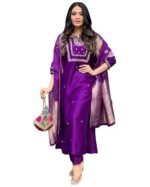 Silk Blend Straight Embroidered Kurta with Pant & Dupatta