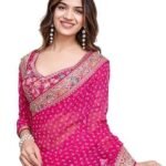 Georgette Pink Geometric Pattern Printed Embroidery Saree with Unstitched Blouse (E6253_1) - Elegant and Intricate Embroidery