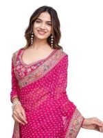 Georgette Pink Geometric Pattern Printed Embroidery Saree with Unstitched Blouse (E6253_1) - Elegant and Intricate Embroidery