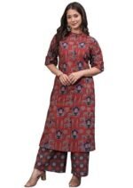 Pure Cotton Printed A-Line Kurta Set with Palazzo Pants - Ethnic Wear, Maroon - Image 4