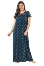 Cotton Nighty for Women | blue Printed Night Gown for Women with Pocket | Maxi Nighty, Comfortable Sleepwear for Daily Use