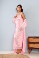 Nightgown Swarvoski Crystals Work Women Nighty with Lace and Robe - Image 4