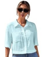 V-Collar Solid Crop Shirt for Women with Half Sleeves