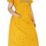 Cotton Nighty for Women |  Yellow color Printed Night Gown for Women with Pocket | Maxi Nighty, Comfortable Sleepwear for Daily Use