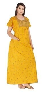Cotton Nighty for Women |  Yellow color Printed Night Gown for Women with Pocket | Maxi Nighty, Comfortable Sleepwear for Daily Use