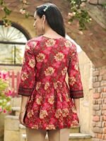 Floral Printed Cotton Blend Kurti, Square Neck, 3/4 Sleeve, Regular Fit, Waist Length, Green - Image 5
