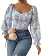 Women's Sweetheart Neck Bishop Sleeve Floral Print Crop Top