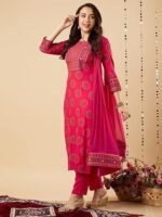 Cotton Blend Straight Printed Kurta with Pant & Dupatta