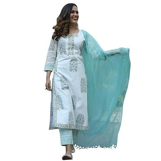 71h7ykYBy-S._SX522_-1.jpg Pure Cotton Printed Straight Kurta with Pant & Dupatta Suit - Image 1