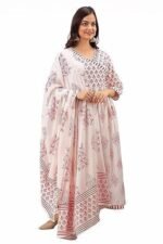 Women's Trendy Printed Cotton Blend Flared White & Pink Color Angrakha Style Lace Kurta Palazzo Set with Dupatta(YS-KS2066-M) - Image 4