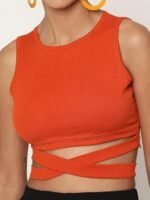 Women Orange Ribbed Tank Crop Top - Image 2