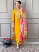 Rayon Embroidered Straight Kurta with Pant and Dupatta (Available in Plus Size) - Image 3
