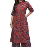 Pure Cotton Printed A-Line Kurta Set with Palazzo Pants - Ethnic Wear, Maroon