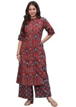 Pure Cotton Printed A-Line Kurta Set with Palazzo Pants - Ethnic Wear, Maroon