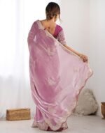 Organza Sequence Embroidery Scollped Border Saree With Unstitched Blouse Piece - Image 5