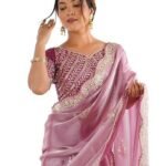 Organza Sequence Embroidery Scollped Border Saree With Unstitched Blouse Piece