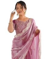 Organza Sequence Embroidery Scollped Border Saree With Unstitched Blouse Piece