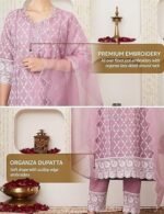 Blend Regular Embroidered Cotton Kurta Pant Set with Organza Dupatta - Image 4