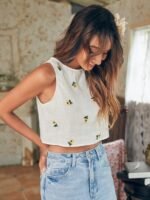Women's 100% Cotton Relaxed Fit Solid Flower Embroidery Semi-Sheer Tank Crop Top - Image 3