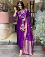 Silk Blend Straight Embroidered Kurta with Pant & Dupatta - Image 4