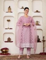 Blend Regular Embroidered Cotton Kurta Pant Set with Organza Dupatta