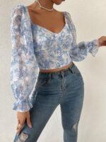 Women's Sweetheart Neck Bishop Sleeve Floral Print Crop Top - Image 2
