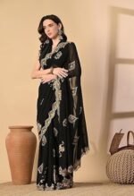 Georgette Black Saree With Attached Blouse Piece - Image 4