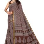 Printed cotton saree with unstitched blouse piece | Ajrakh Printed Saree | Pure Cotton Mul Mul Printed Saree | Zari Border with Blouse Piece | 100% Cotton Saree (Brown)