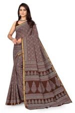 Printed cotton saree with unstitched blouse piece | Ajrakh Printed Saree | Pure Cotton Mul Mul Printed Saree | Zari Border with Blouse Piece | 100% Cotton Saree (Brown)
