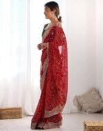 Georgette Bandhani Printed Sequence Embroidery Lace Saree With Unstitched Blouse Piece - Image 3