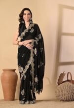 Georgette Black Saree With Attached Blouse Piece - Image 6