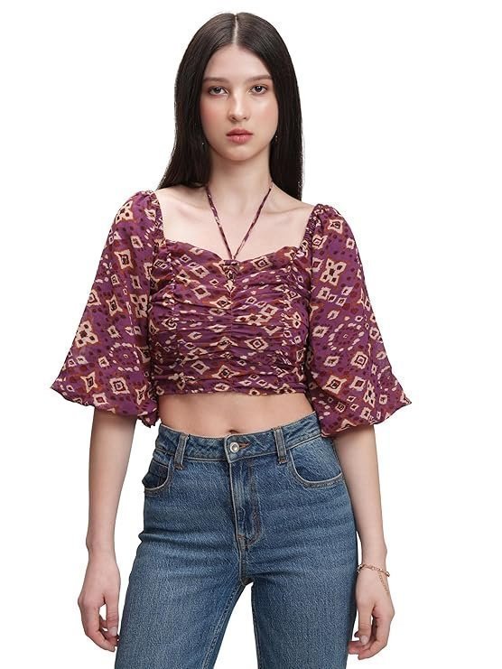 81L-SFkqsdL._SY741_-1.jpg Women's Floral Printfitted Crop Top | Short Puff - Image 1