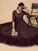 Floral Printed Mirror Work Tiered Anarkali Kurta