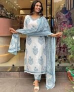 Embroidered Anarkali Kurta Pant Set with Organza Dupatta | - Image 4