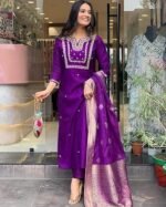 Silk Blend Straight Embroidered Kurta with Pant & Dupatta - Image 3