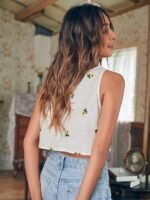 Women's 100% Cotton Relaxed Fit Solid Flower Embroidery Semi-Sheer Tank Crop Top - Image 5