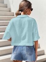 V-Collar Solid Crop Shirt for Women with Half Sleeves - Image 4