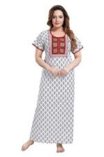Cotton Nighty for Women | white color Printed Night Gown for Women with Pocket | Maxi Nighty, Comfortable Sleepwear for Daily Use