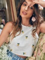 Women's 100% Cotton Relaxed Fit Solid Flower Embroidery Semi-Sheer Tank Crop Top - Image 2