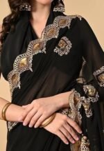 Georgette Black Saree With Attached Blouse Piece - Image 5
