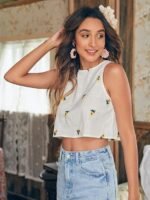 Women's 100% Cotton Relaxed Fit Solid Flower Embroidery Semi-Sheer Tank Crop Top - Image 4